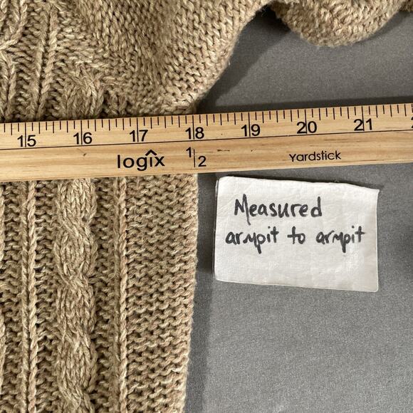 Y2K Cable Knit Cardigan Size Large Tan Button Sweater Pockets Chunky Academia - Picture 8 of 9